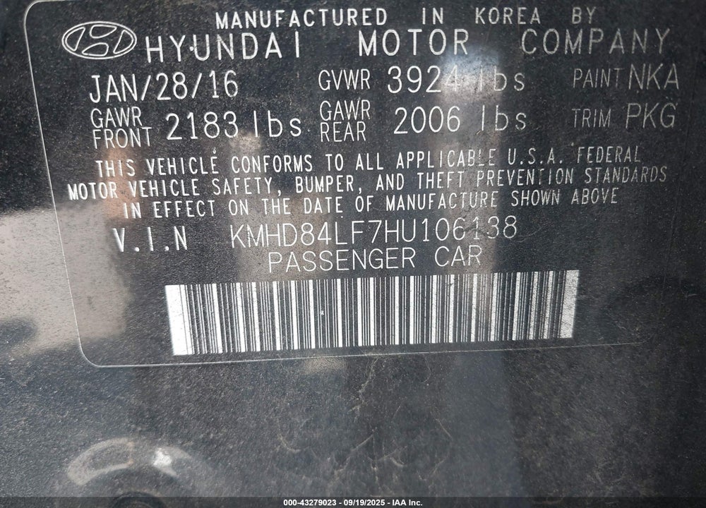 2017 HYUNDAI ELANTRA SE VIN: KMHD84LF7HU106138