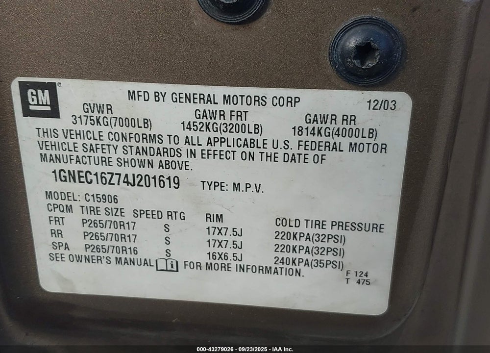 2004 CHEVROLET SUBURBAN 1500 LT VIN: 1GNEC16Z74J201619