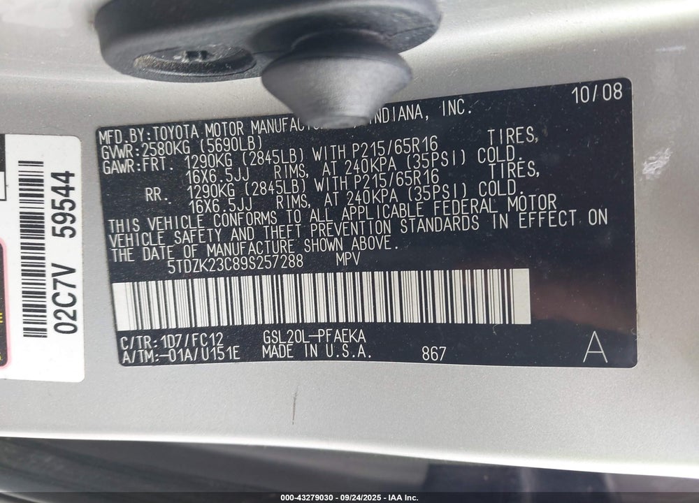 2009 TOYOTA SIENNA LE VIN: 5TDZK23C89S257288