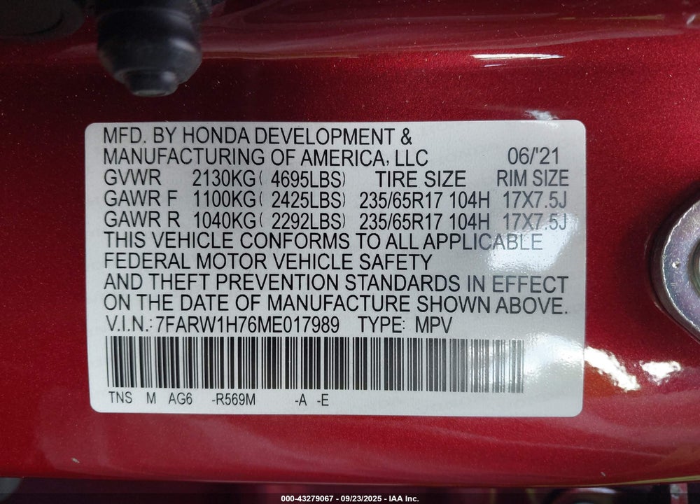 2021 HONDA CR-V VIN: 7FARW1H76ME017989