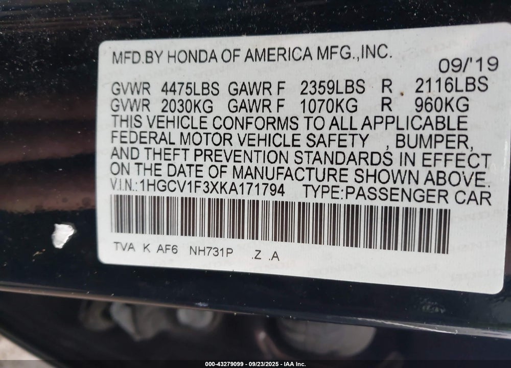 2019 HONDA ACCORD VIN: 1HGCV1F3XKA171794