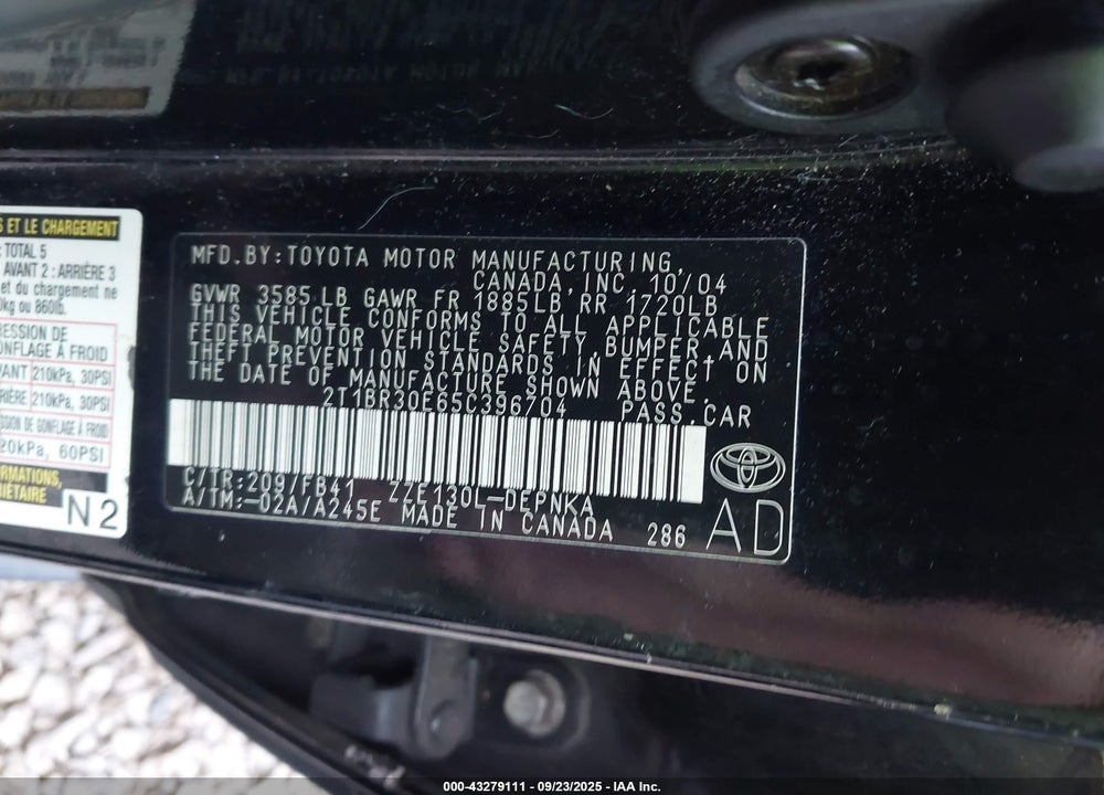 2005 TOYOTA COROLLA LE VIN: 2T1BR30E65C396704