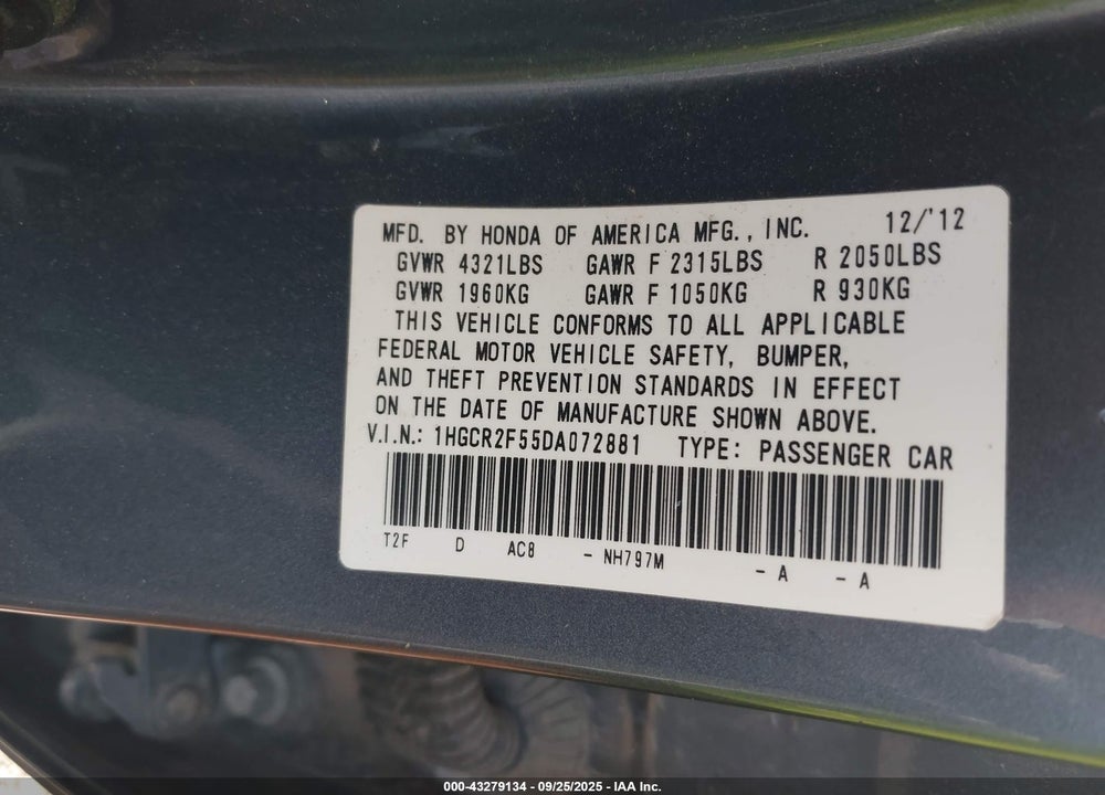 2013 HONDA ACCORD SPORT VIN: 1HGCR2F55DA072881