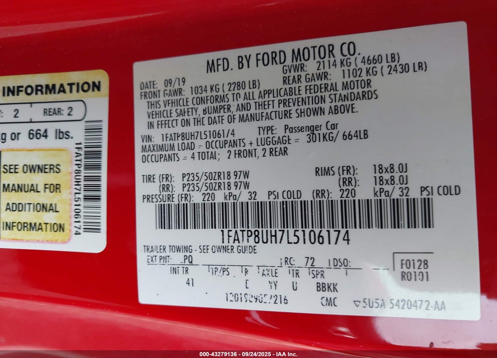 2020 FORD MUSTANG VIN: 1FATP8UH7L5106174