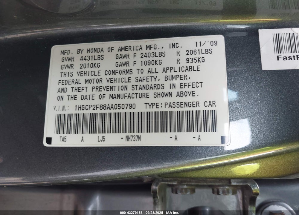 2010 HONDA ACCORD 2.4 EX-L VIN: 1HGCP2F88AA050790