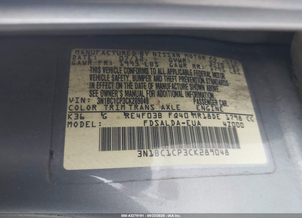 2012 NISSAN VERSA VIN: 3N1BC1CP3CK289048