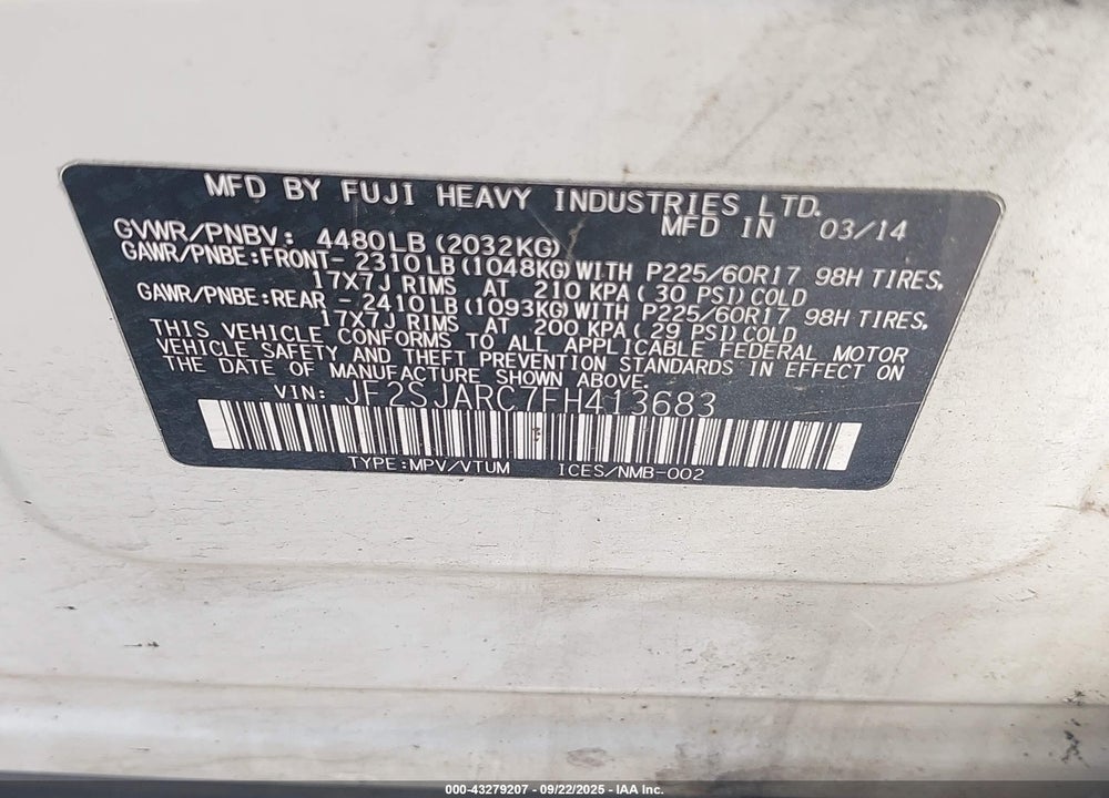 2015 SUBARU FORESTER VIN: JF2SJARC7FH413683