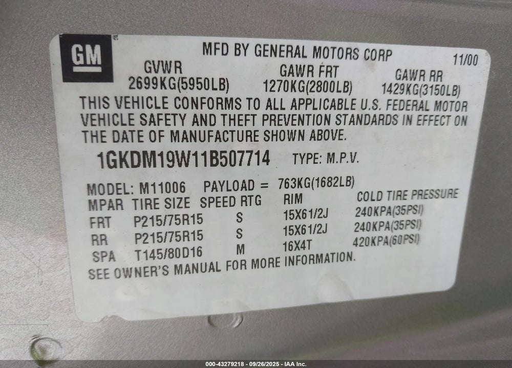 2001 GMC SAFARI SLE VIN: 1GKDM19W11B507714