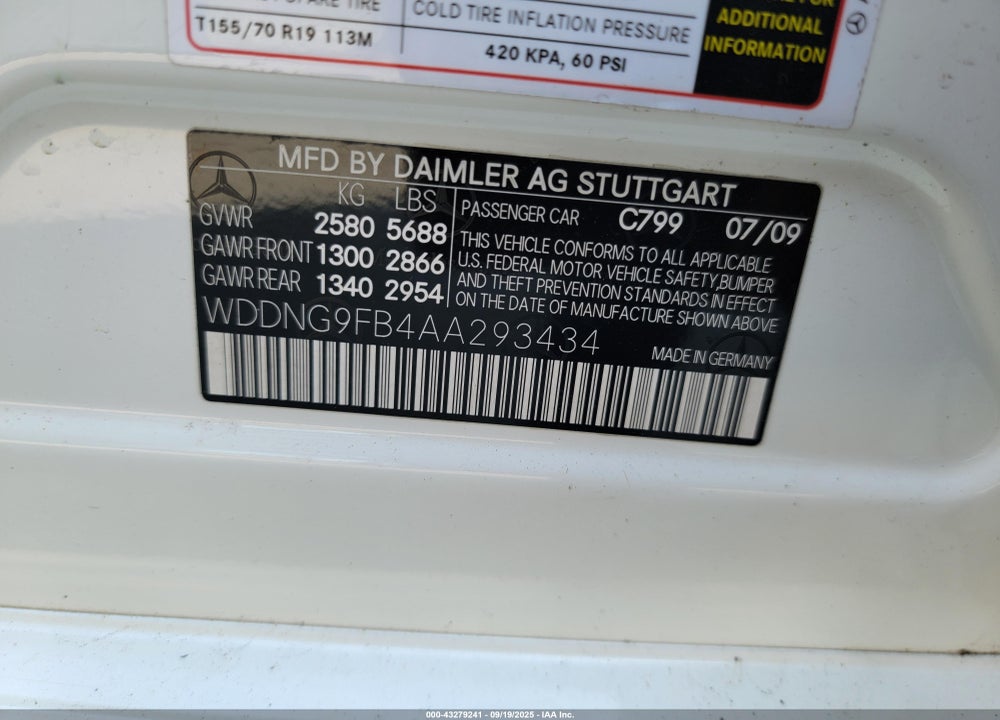 2010 MERCEDES-BENZ S 400 HYBRID VIN: WDDNG9FB4AA293434