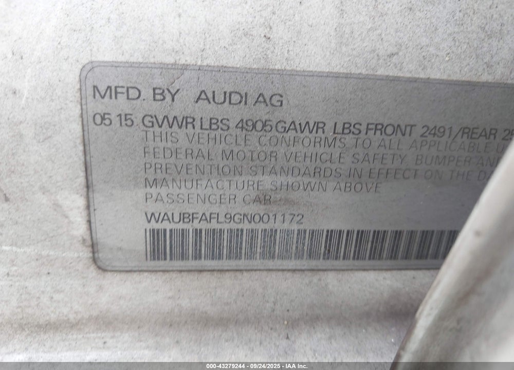 2016 AUDI A4 VIN: WAUBFAFL9GN001172