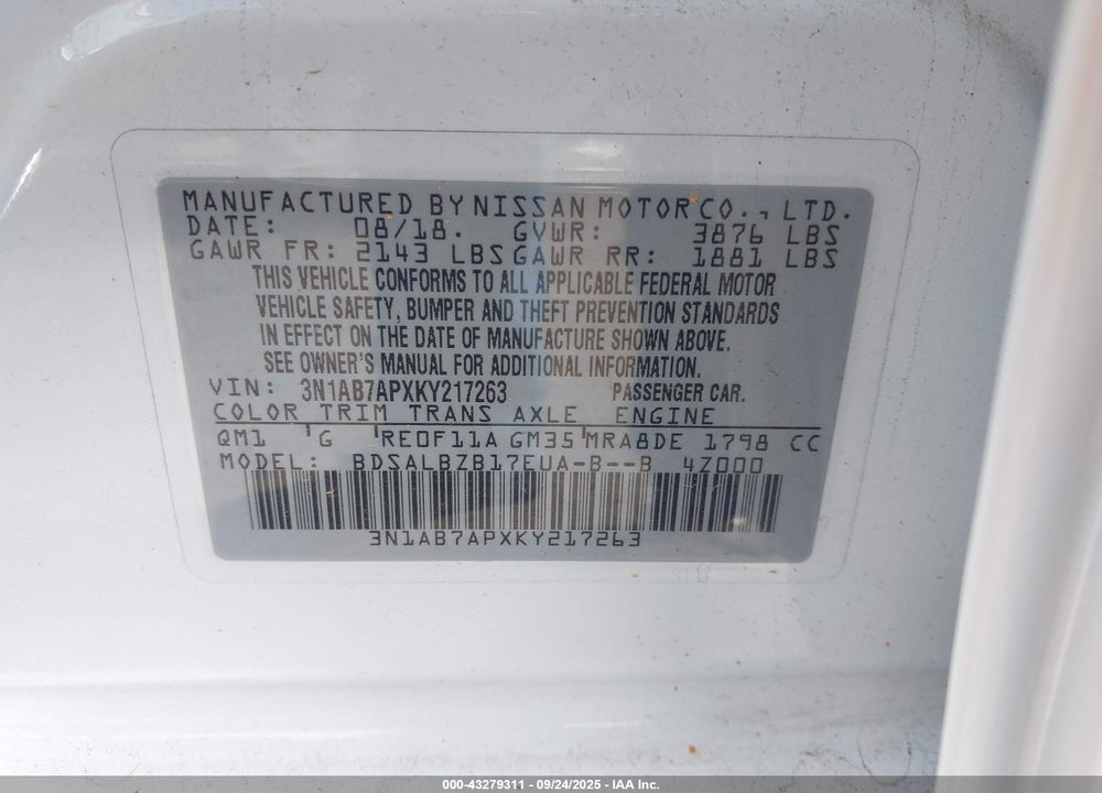 2019 NISSAN SENTRA VIN: 3N1AB7APXKY217263