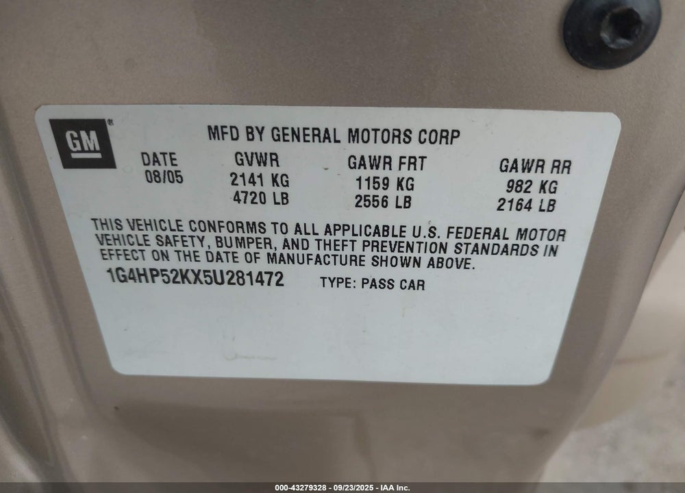 2005 BUICK LESABRE CUSTOM VIN: 1G4HP52KX5U281472