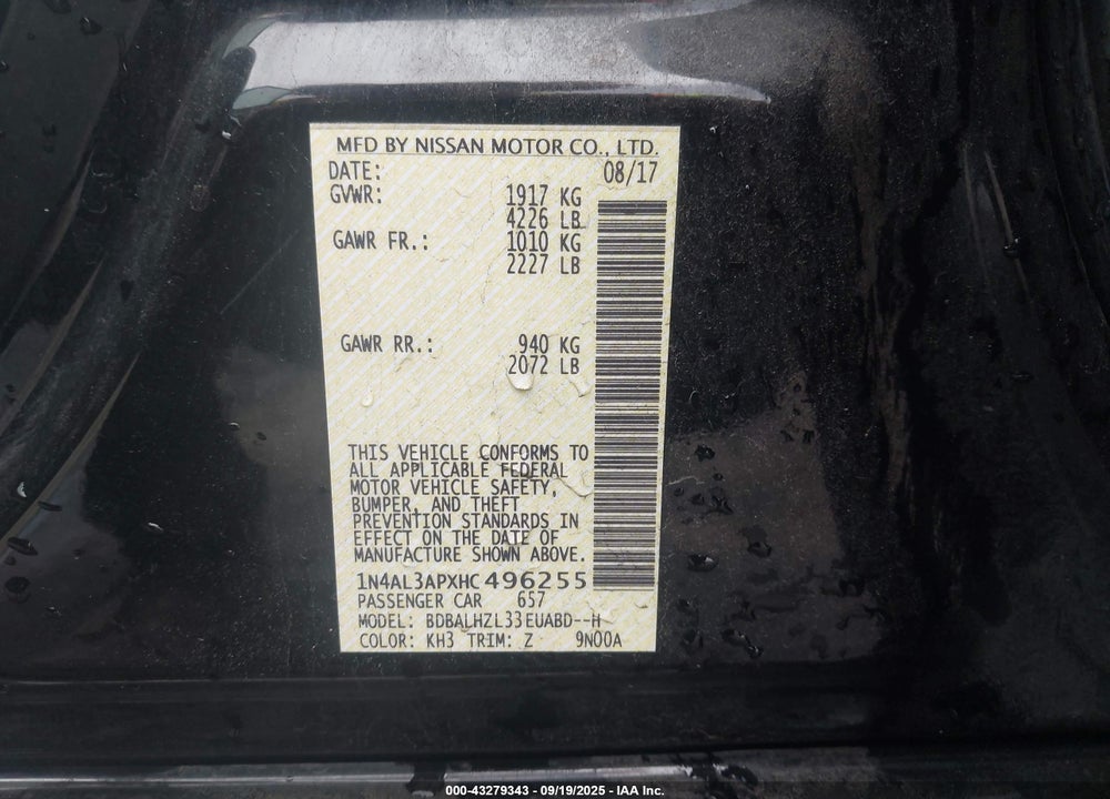 2017 NISSAN ALTIMA VIN: 1N4AL3APXHC496255