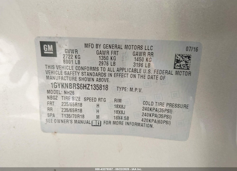 2017 CADILLAC XT5 VIN: 1GYKNBRS6HZ135818