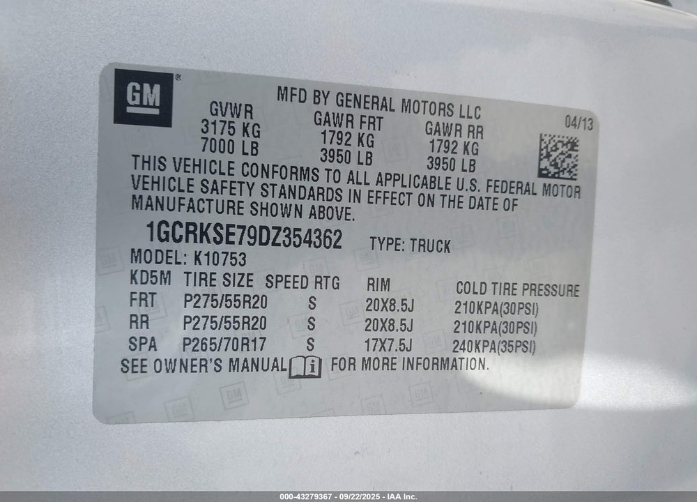 2013 CHEVROLET SILVERADO 1500 LT VIN: 1GCRKSE79DZ354362