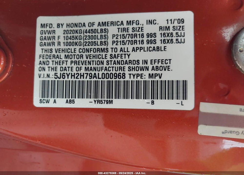 2010 HONDA ELEMENT VIN: 5J6YH2H79AL000968