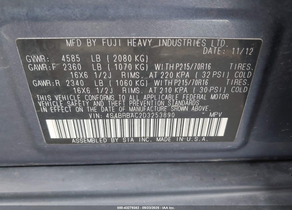 2013 SUBARU OUTBACK VIN: 4S4BRBAC2D3253890