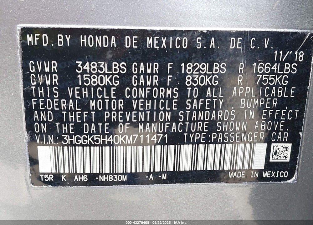 2019 HONDA FIT LX VIN: 3HGGK5H40KM711471