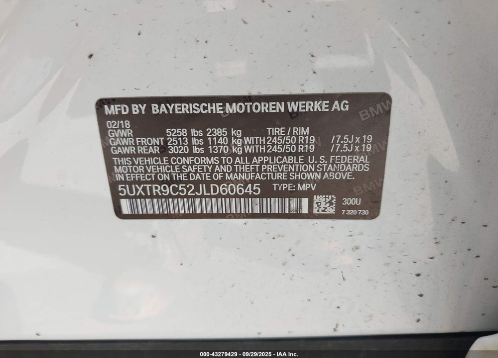 2018 BMW X3 XDRIVE30I VIN: 5UXTR9C52JLD60645