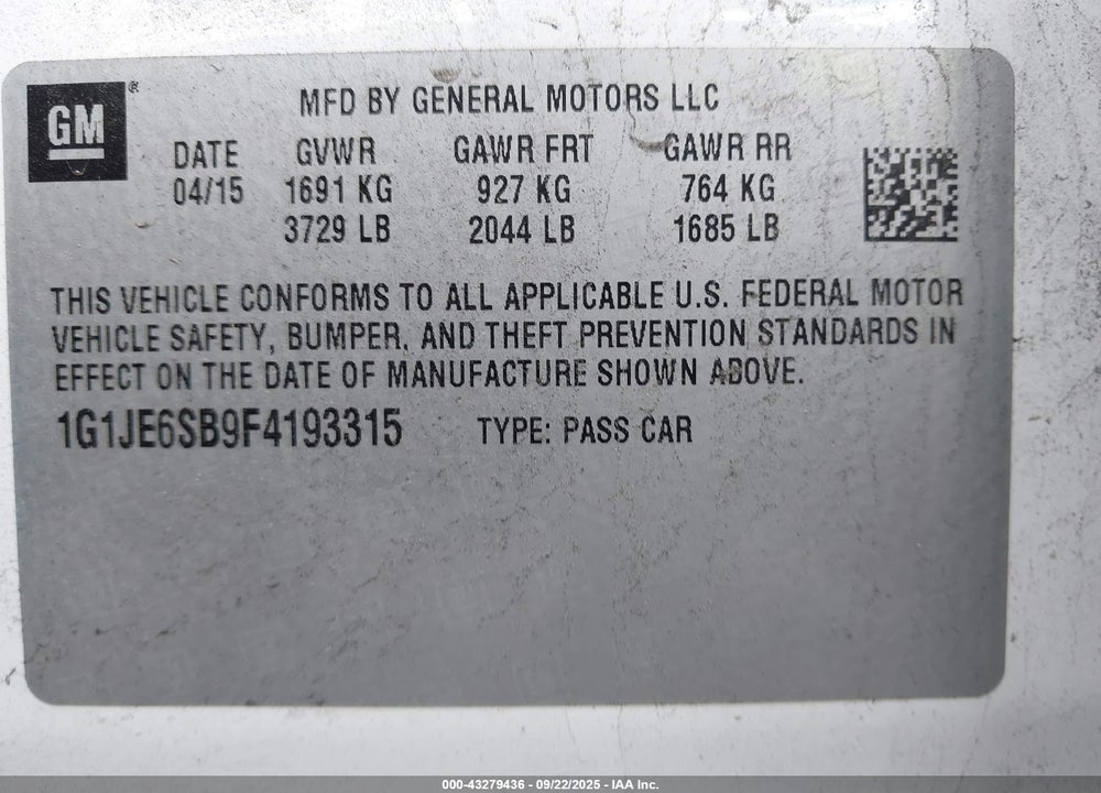 2015 CHEVROLET SONIC VIN: 1G1JE6SB9F4193315