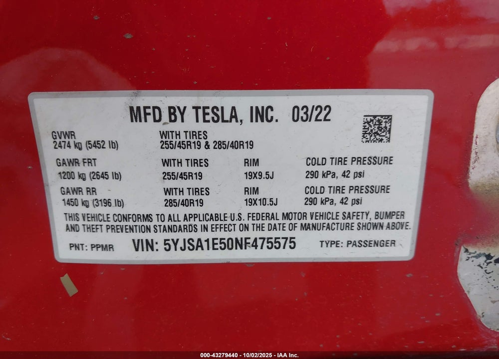 2022 TESLA MODEL S DUAL MOTOR ALL-WHEEL DRIVE VIN: 5YJSA1E50NF475575