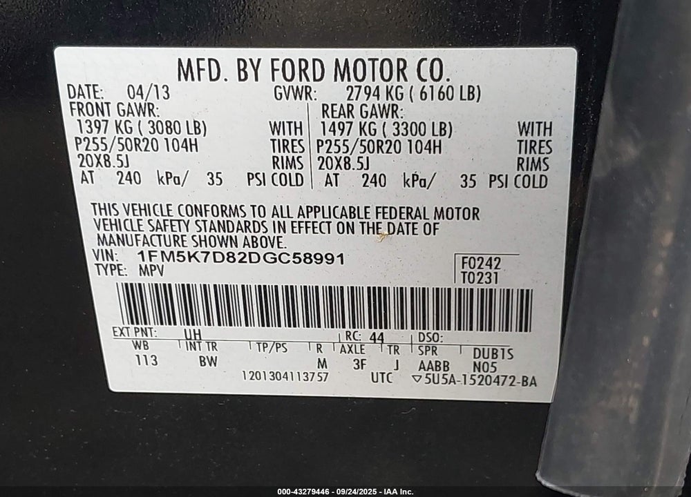 2013 FORD EXPLORER XLT VIN: 1FM5K7D82DGC58991