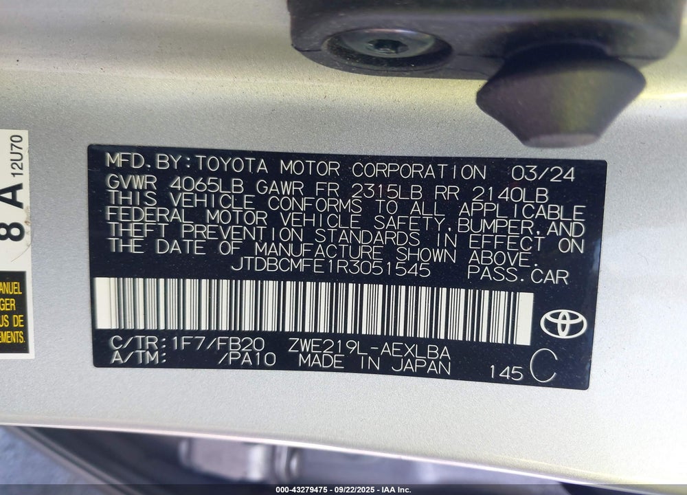 2024 TOYOTA COROLLA VIN: JTDBCMFE1R3051545