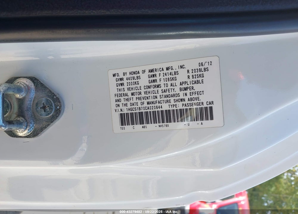 2012 HONDA ACCORD VIN: 1HGCS1B70CA020644