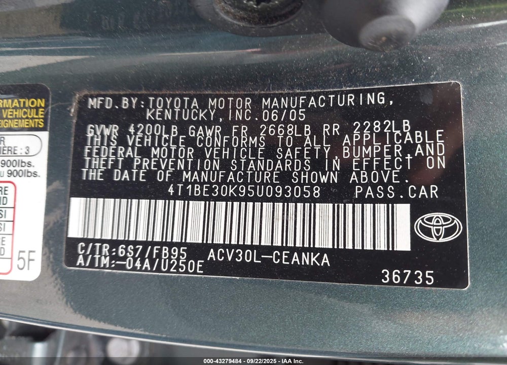 2005 TOYOTA CAMRY LE VIN: 4T1BE30K95U093058