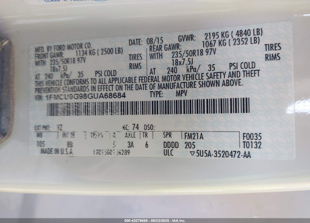 2016 FORD ESCAPE VIN: 1FMCU9G98GUA68684