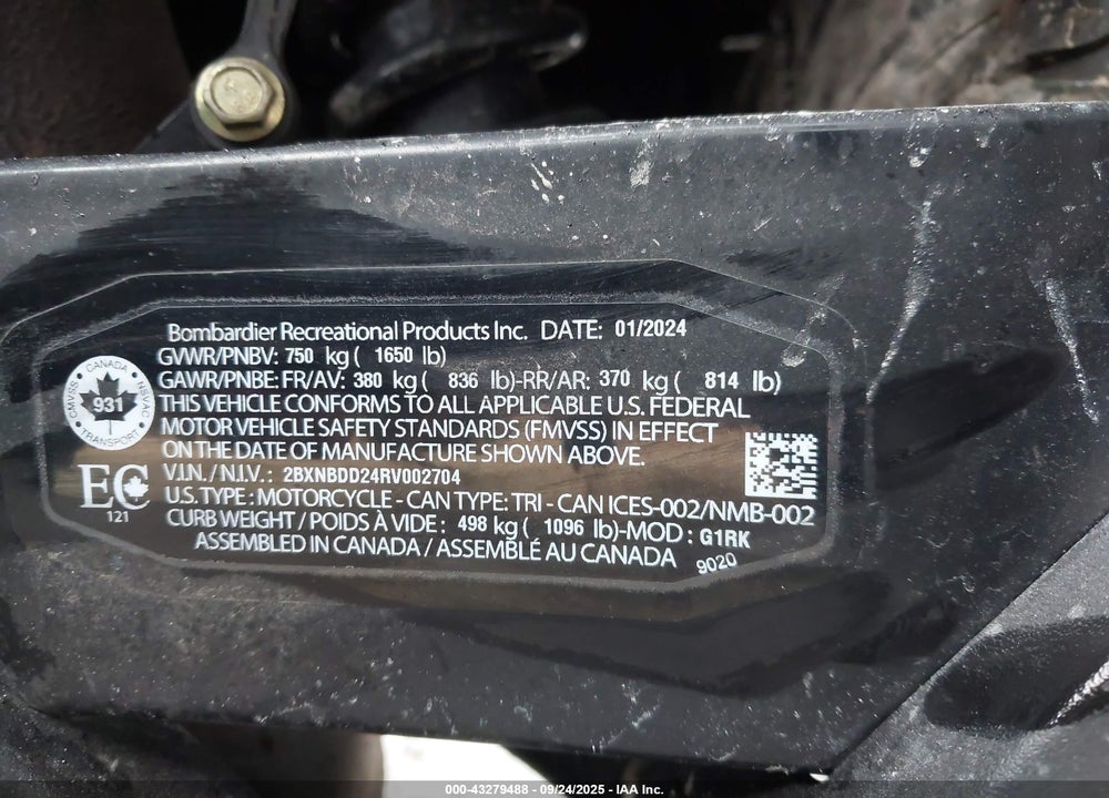 2024 CAN-AM SPYDER ROADSTER RT/RT LIMITED VIN: 2BXNBDD24RV002704