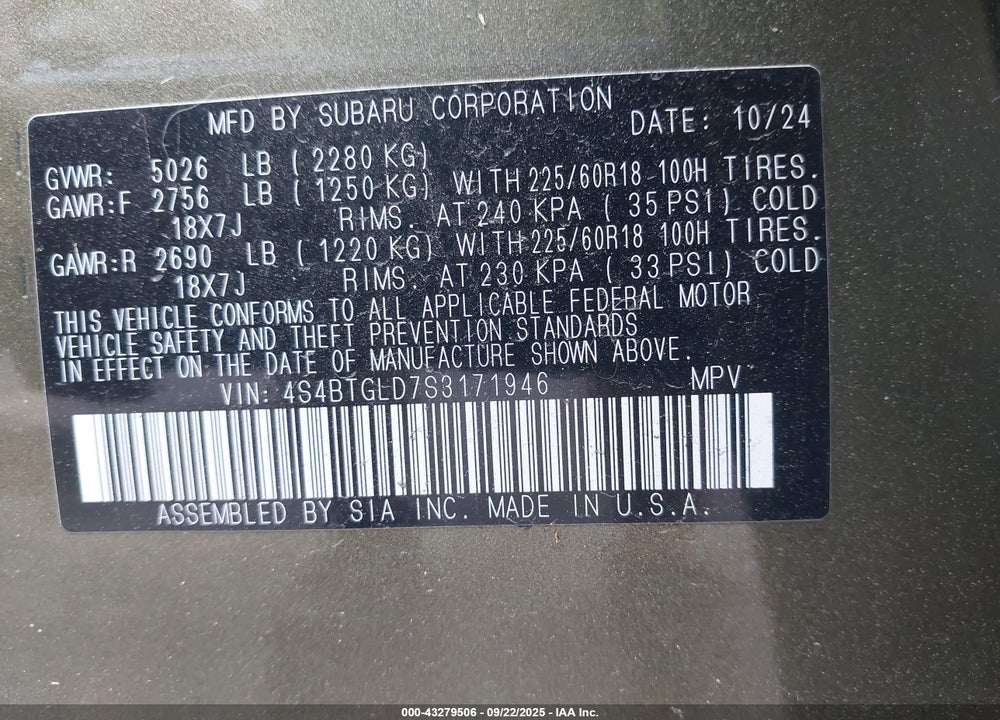 2025 SUBARU OUTBACK VIN: 4S4BTGLD7S3171946