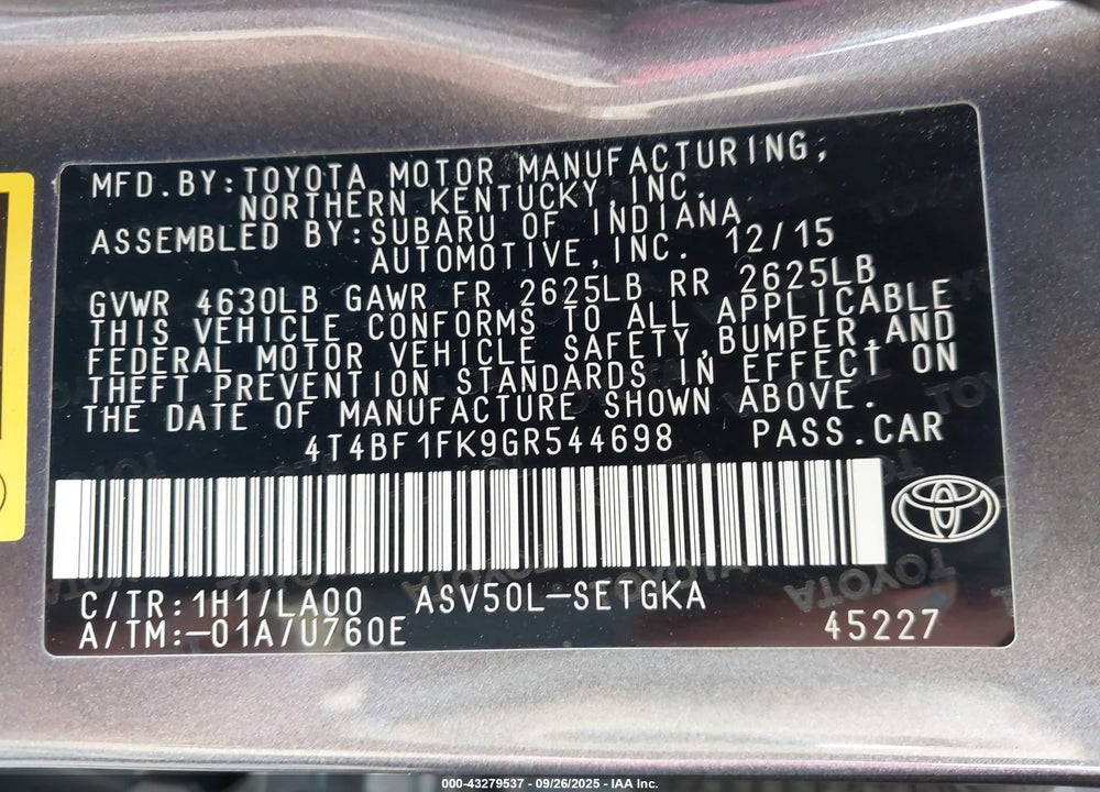 2016 TOYOTA CAMRY VIN: 4T4BF1FK9GR544698