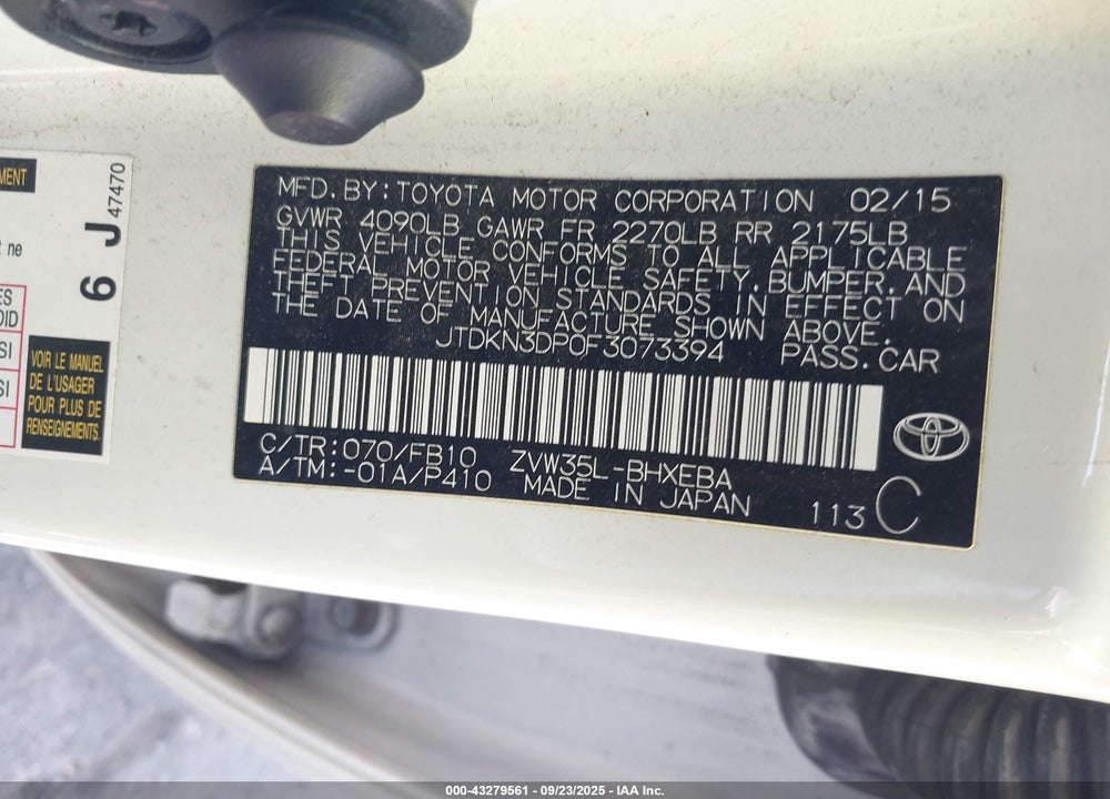 2015 TOYOTA PRIUS PLUG-IN VIN: JTDKN3DP0F3073394