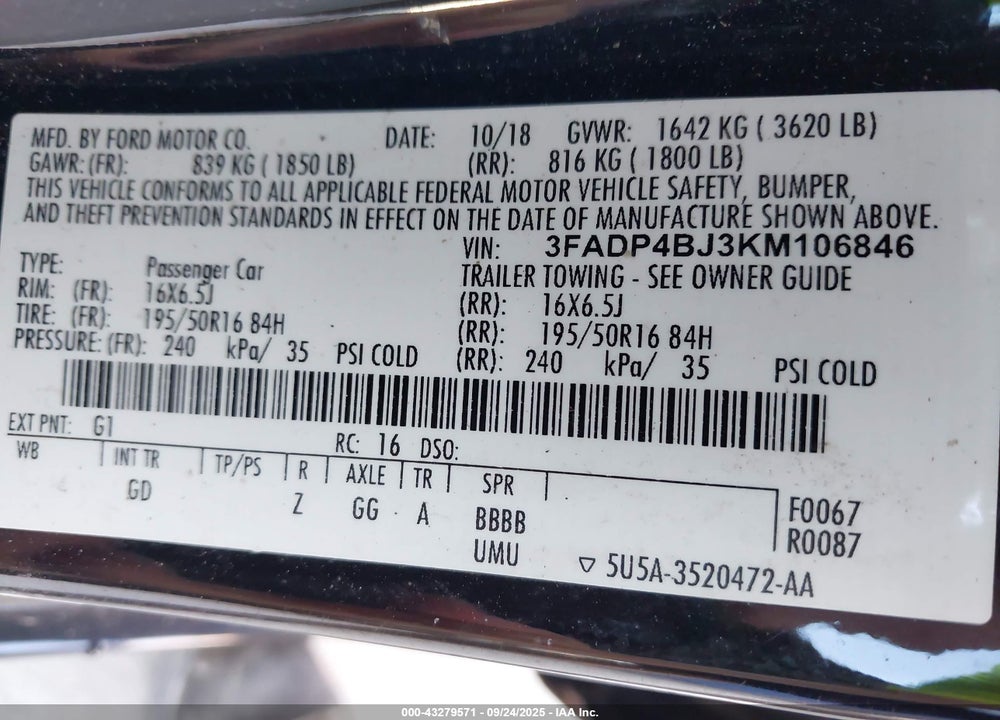 2019 FORD FIESTA SE VIN: 3FADP4BJ3KM106846