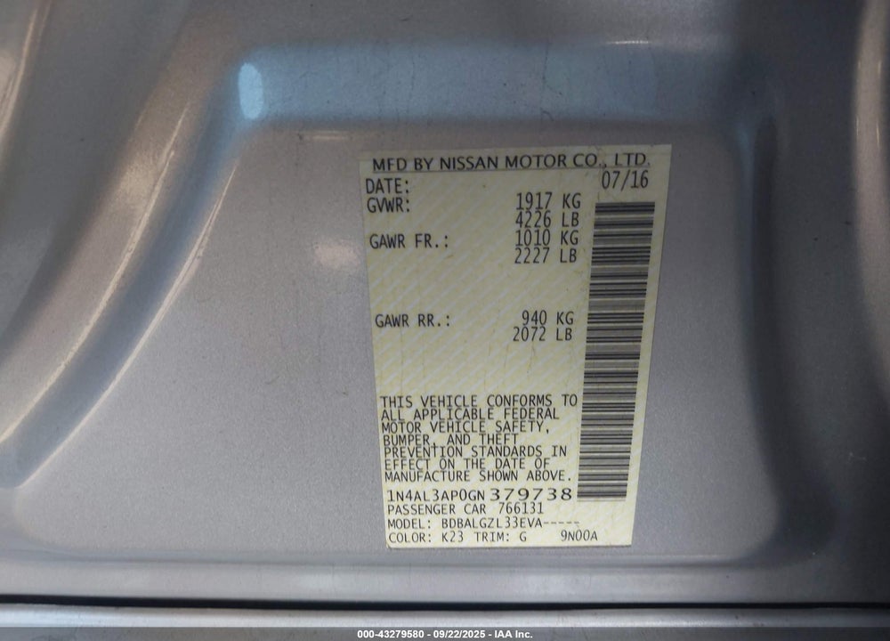 2016 NISSAN ALTIMA VIN: 1N4AL3AP0GN379738