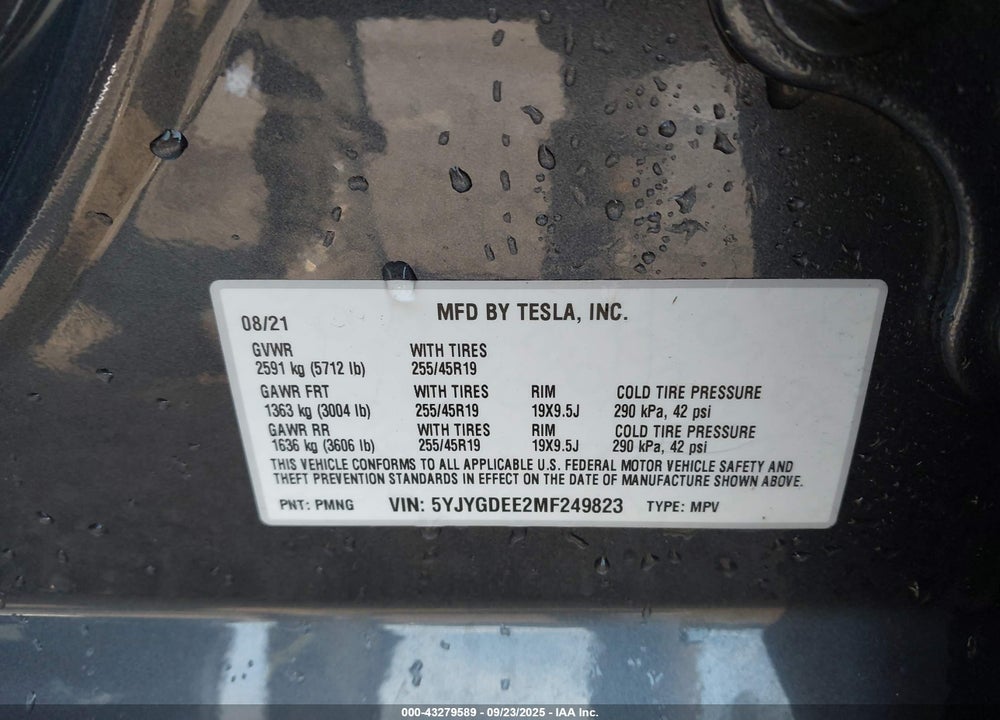2021 TESLA MODEL Y VIN: 5YJYGDEE2MF249823