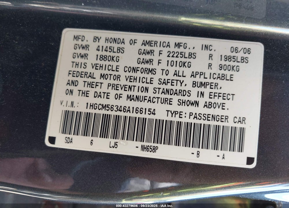 2006 HONDA ACCORD 2.4 SE VIN: 1HGCM56346A166154