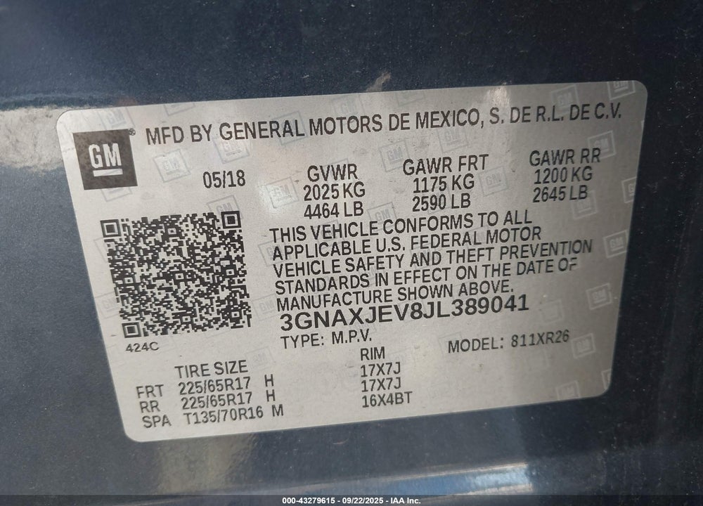 2018 CHEVROLET EQUINOX VIN: 3GNAXJEV8JL389041