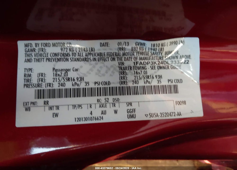 2013 FORD FOCUS VIN: 1FADP3K24DL233922