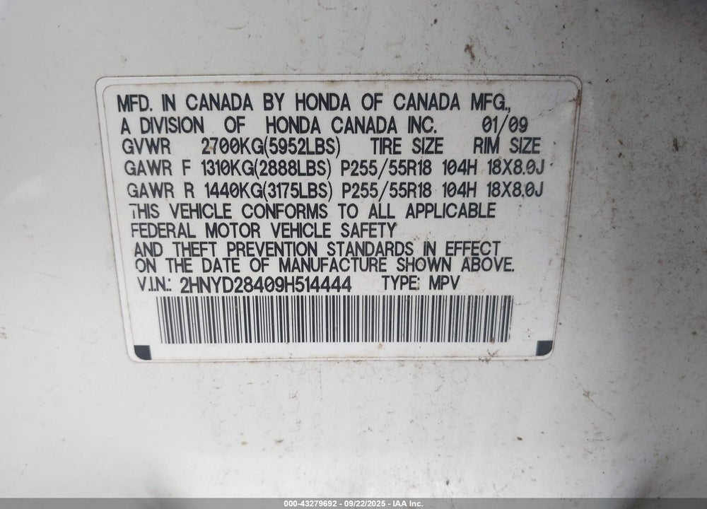 2009 ACURA MDX VIN: 2HNYD28409H514444