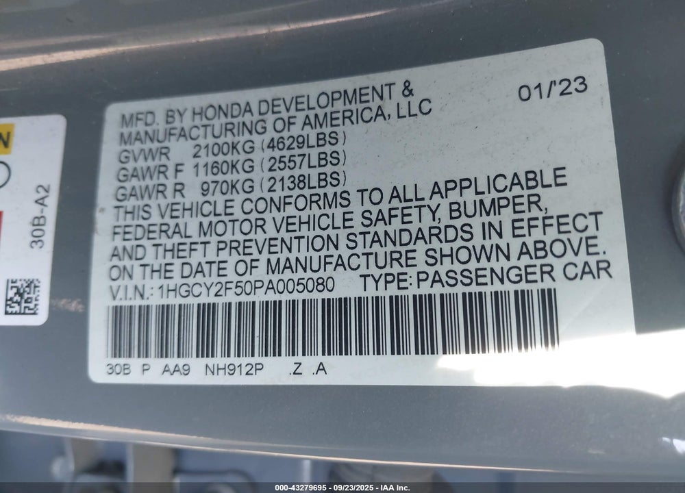 2023 HONDA ACCORD VIN: 1HGCY2F50PA005080