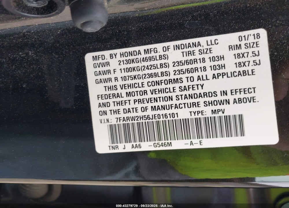 2018 HONDA CR-V VIN: 7FARW2H56JE016101