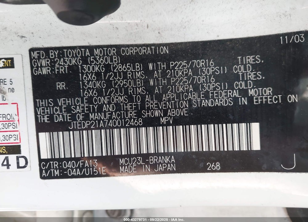 2004 TOYOTA HIGHLANDER V6 VIN: JTEDP21A740012468