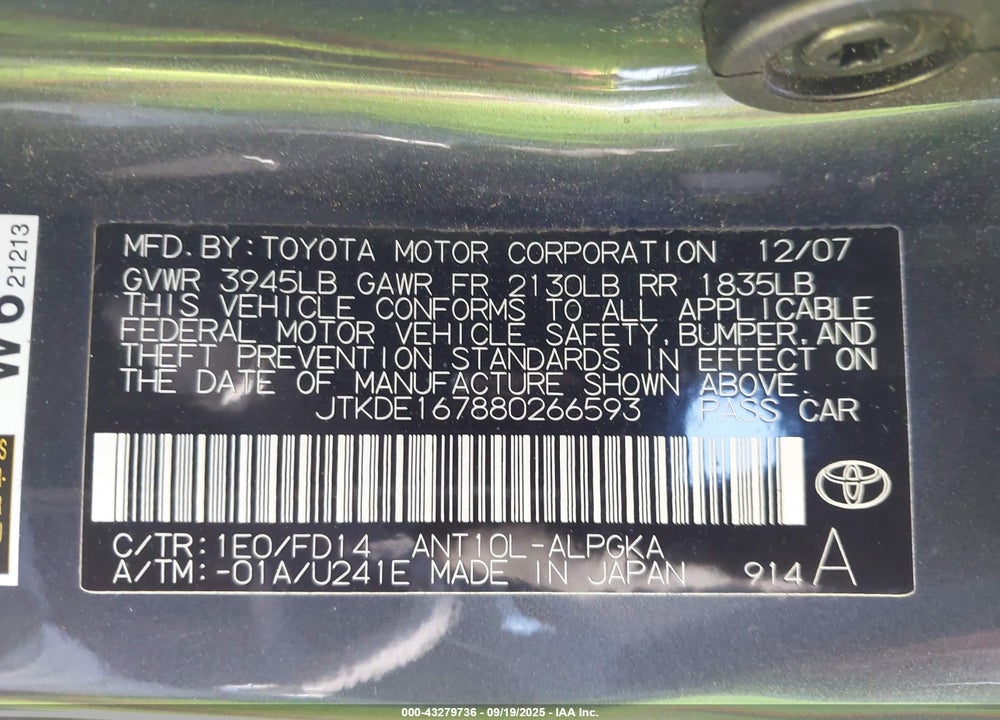 2008 SCION TC VIN: JTKDE167880266593
