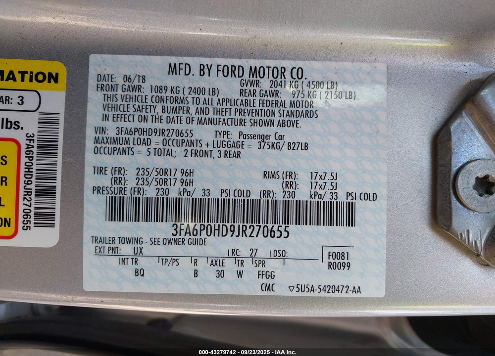 2018 FORD FUSION VIN: 3FA6P0HD9JR270655