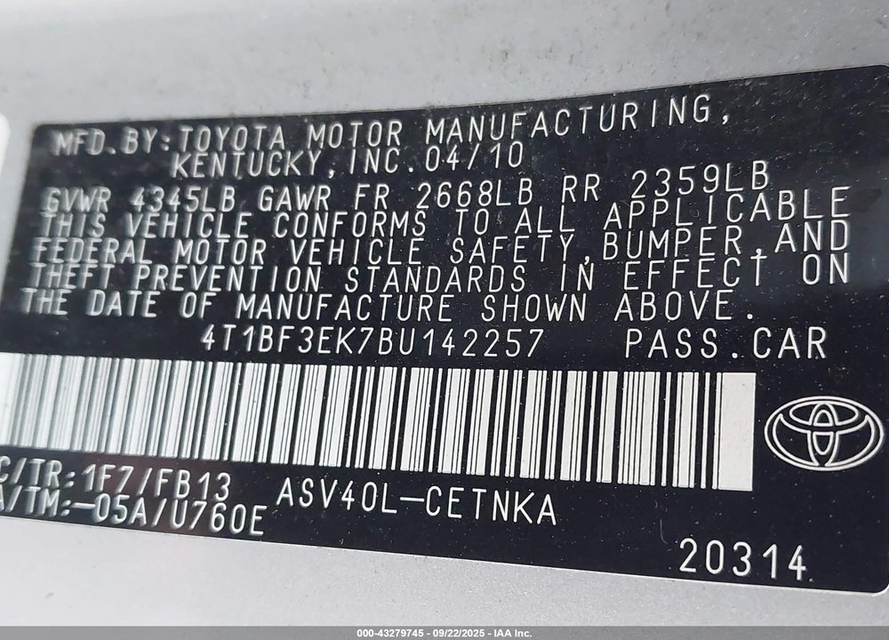 2011 TOYOTA CAMRY VIN: 4T1BF3EK7BU142257