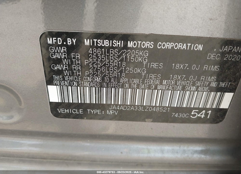 2020 MITSUBISHI OUTLANDER ES 2.4 VIN: JA4AD2A33LZ048521