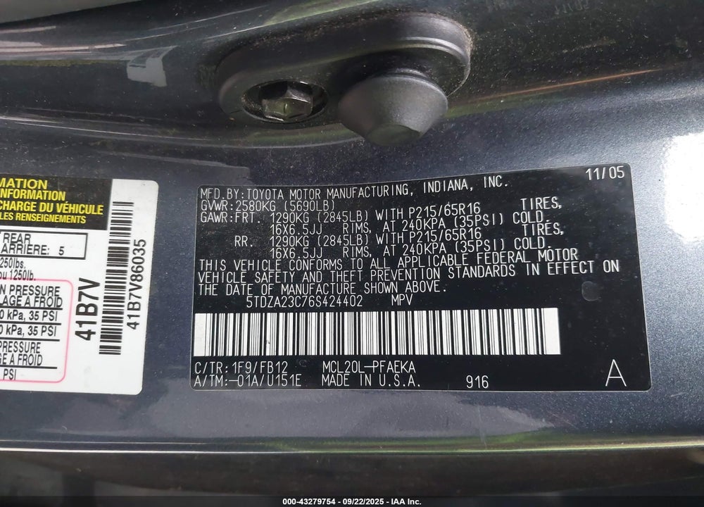 2006 TOYOTA SIENNA CE VIN: 5TDZA23C76S424402