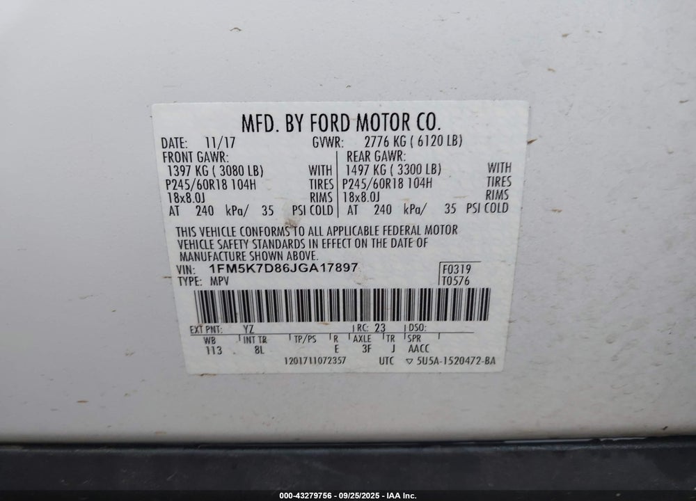 2018 FORD EXPLORER VIN: 1FM5K7D86JGA17897